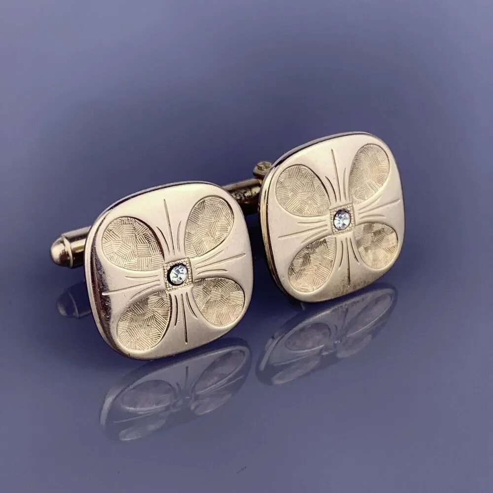 Clover White Rhinestone Cufflinks Gold Tone Etched Drops Square Vintage